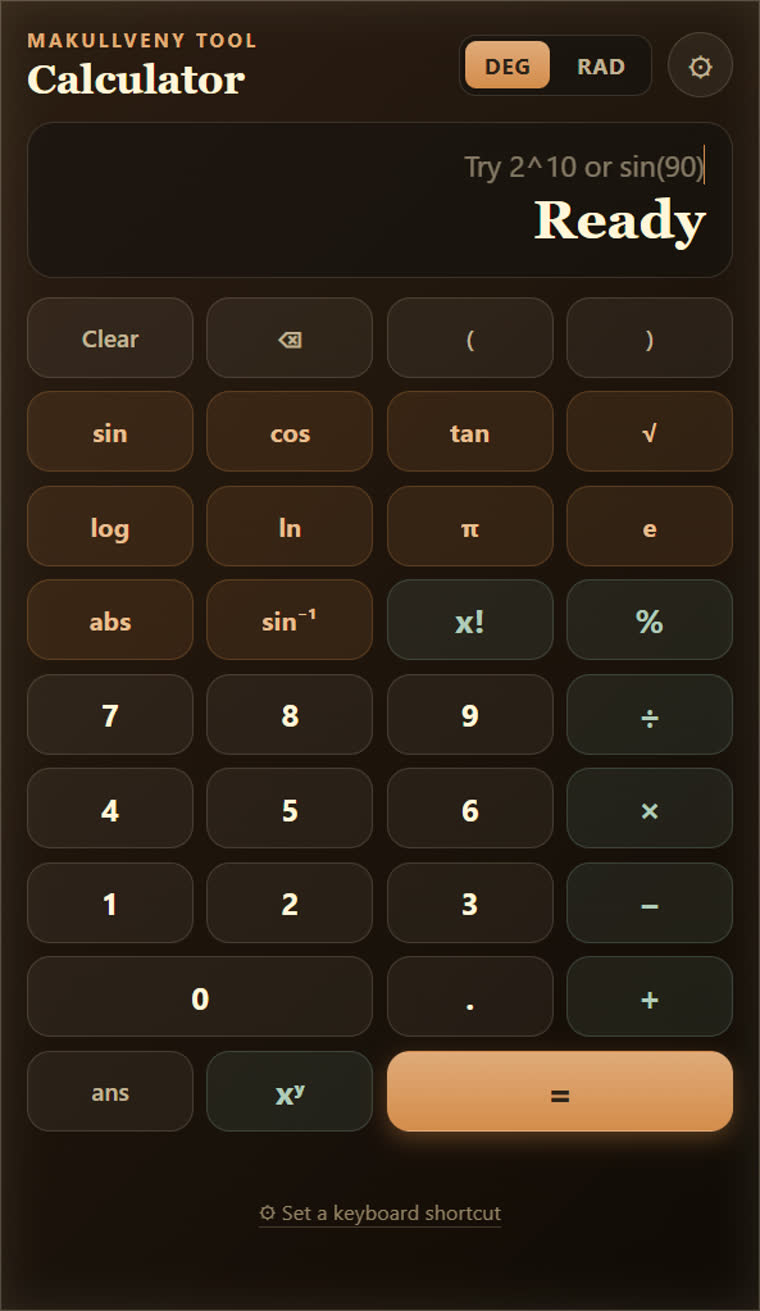 The scientific calculator with degree and radian modes and a full function keypad