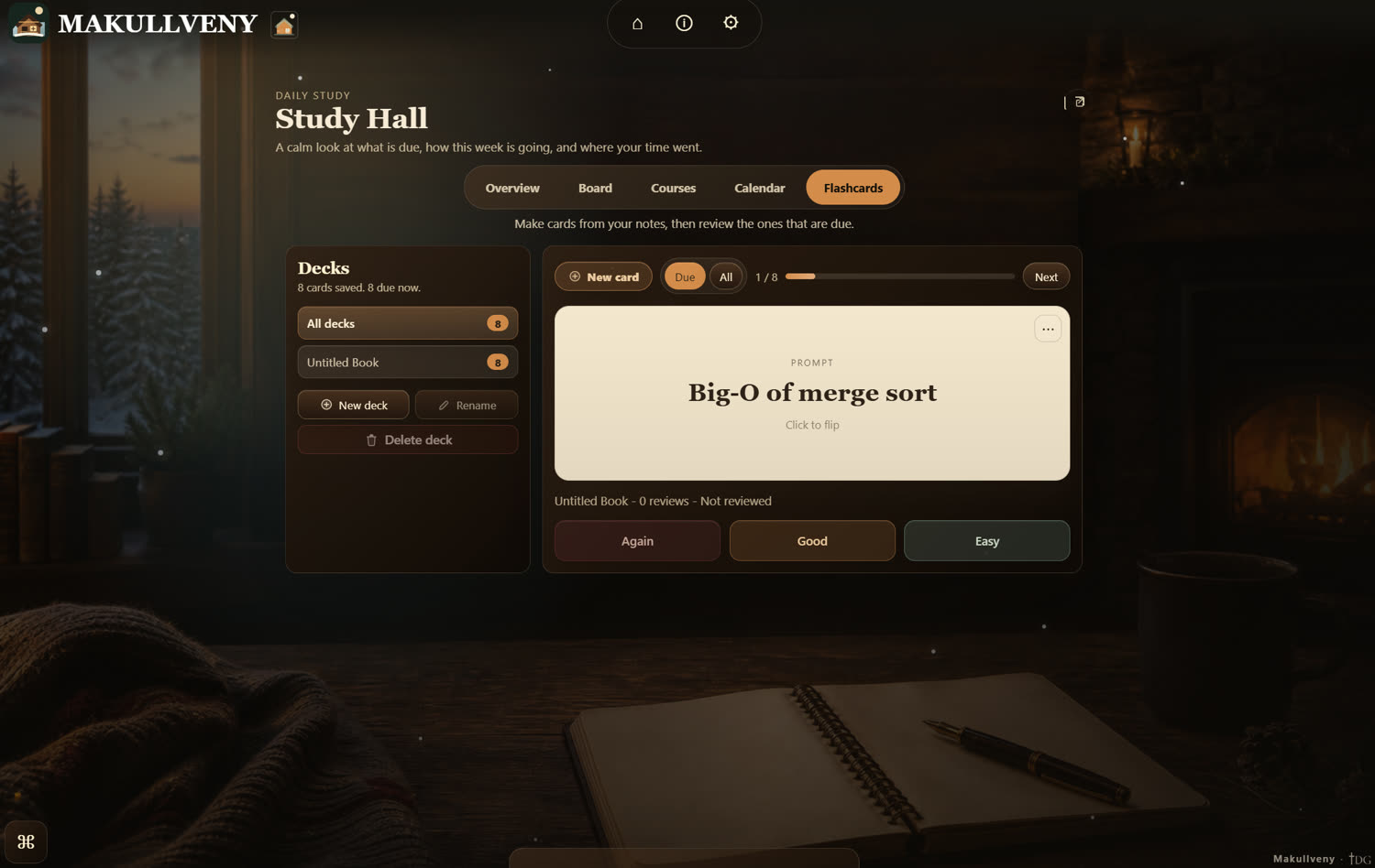The Flashcards tool: a deck of eight saved cards, all due, a prompt reading Big-O of merge sort waiting to be flipped, and the Again, Good and Easy grading buttons