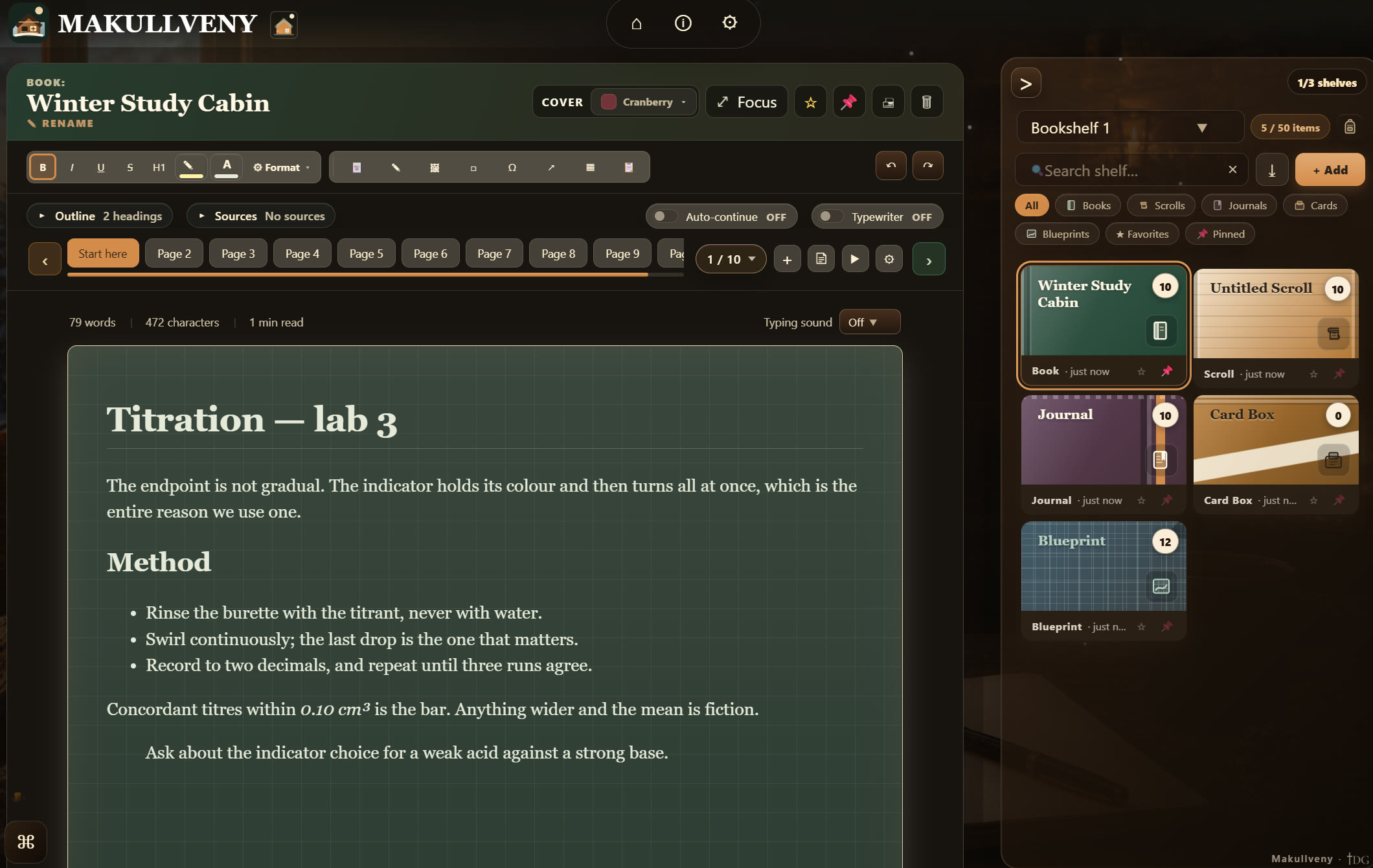 A book page of lecture notes on lined paper, with the formatting toolbar, page tabs and the bookshelf rail