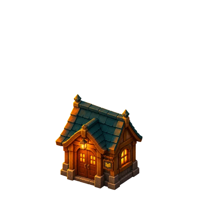 Stage 1: a one-room book shack of timber and stone, one lamp lit over the door