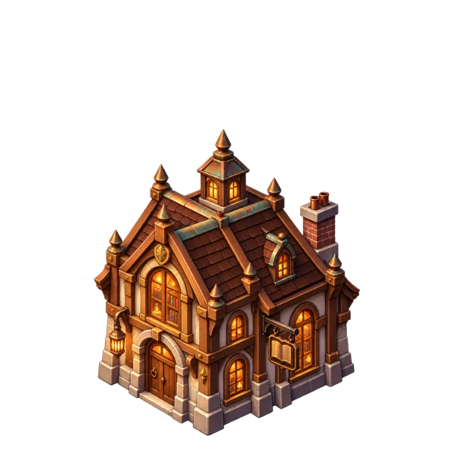 Stage 2: a bronze cottage with a brick chimney, copper spires and warm arched windows