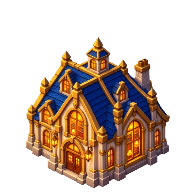 Stage 3: the library proper in gold-trimmed stone under a royal-blue roof