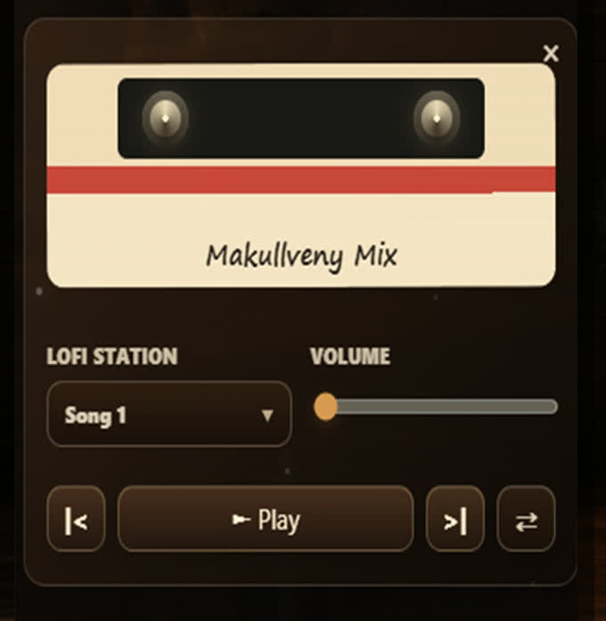 The radio docked at the edge of the app with a cassette face, a station picker, volume and transport controls