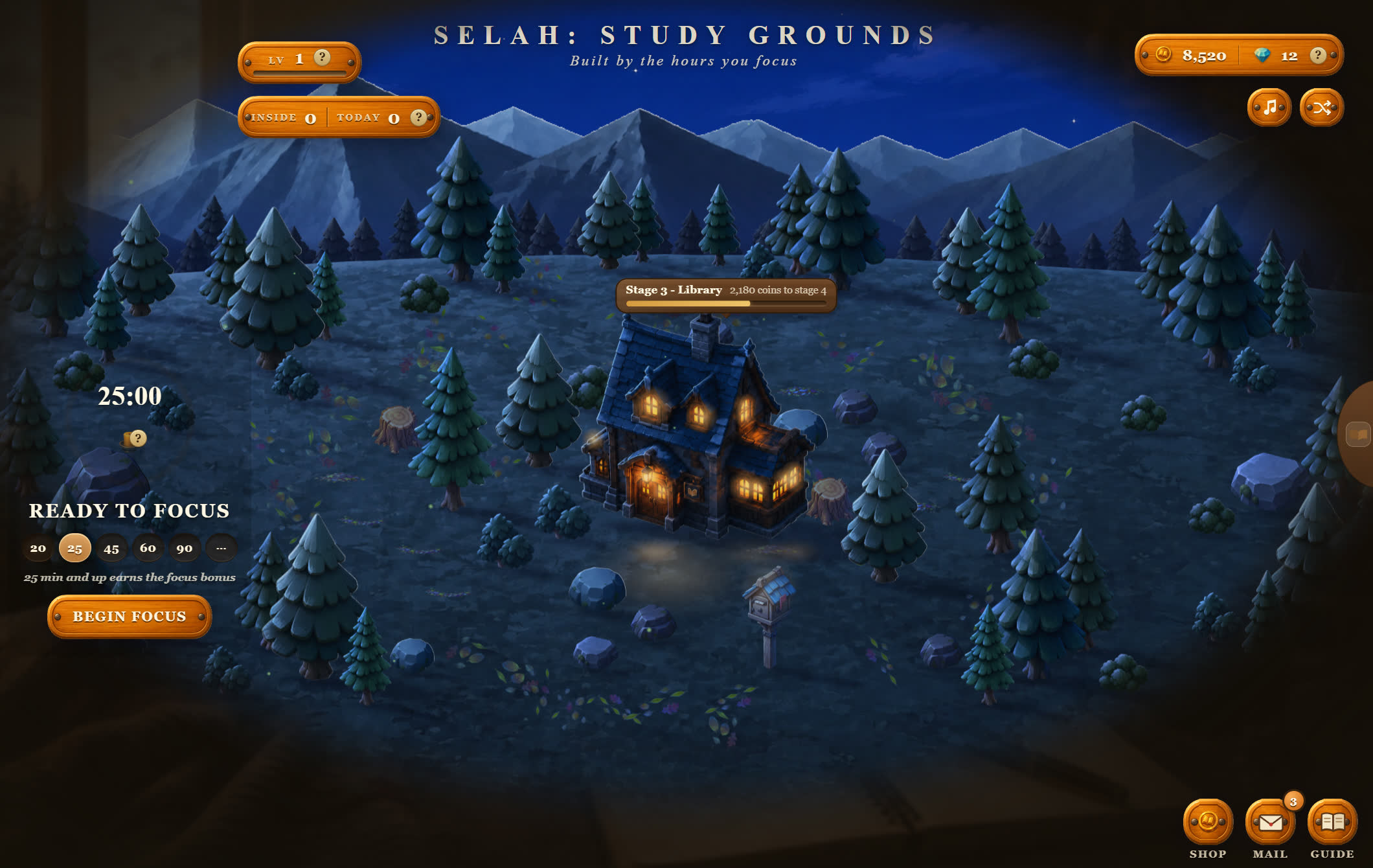 The same meadow at night, stars over snow-capped peaks and the book shack lit warm from inside