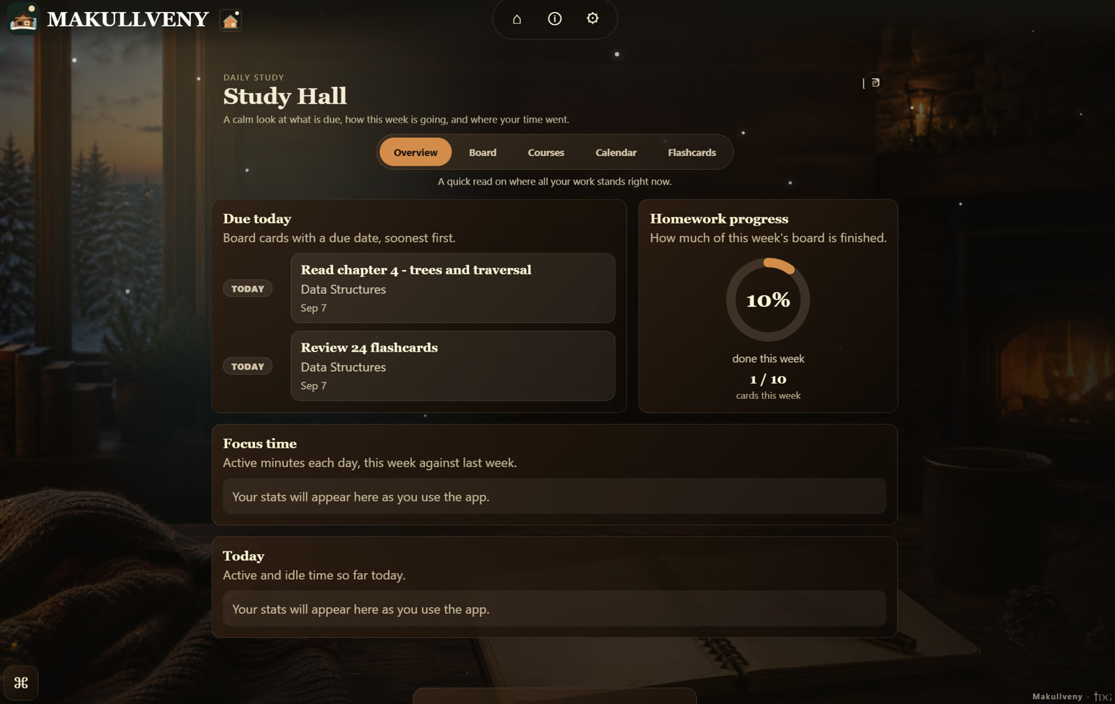 The Study Hall Overview tab: a Due today list reading off the board, and a Homework progress ring for the week